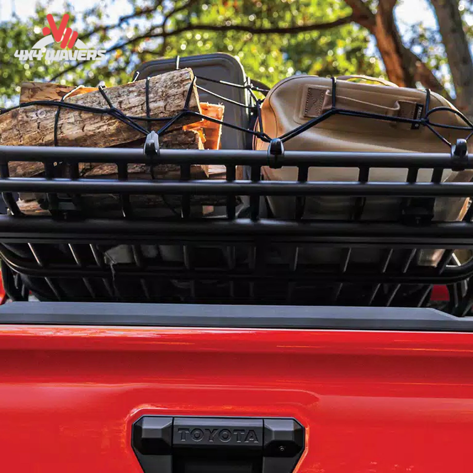 Large steel cargo basket mounted on overland truck rack