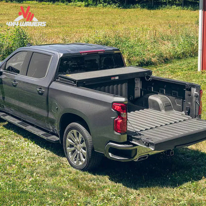 Extang Solid Fold ALX Tonneau Cover on a 2015-2020 Ford F-150 with a 5.5ft bed, shown folded open for bed access.