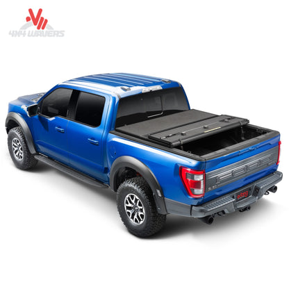 Extang Solid Fold ALX tonneau cover folded open on a 2015-2020 Ford F-150 with 6.5ft bed, showcasing its sleek design and easy access.
