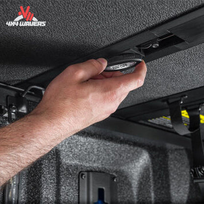 Close-up of Extang Solid Fold ALX Tonneau Cover’s rotary release latch on a 2015-2020 Ford F-150 with a 6.5ft bed