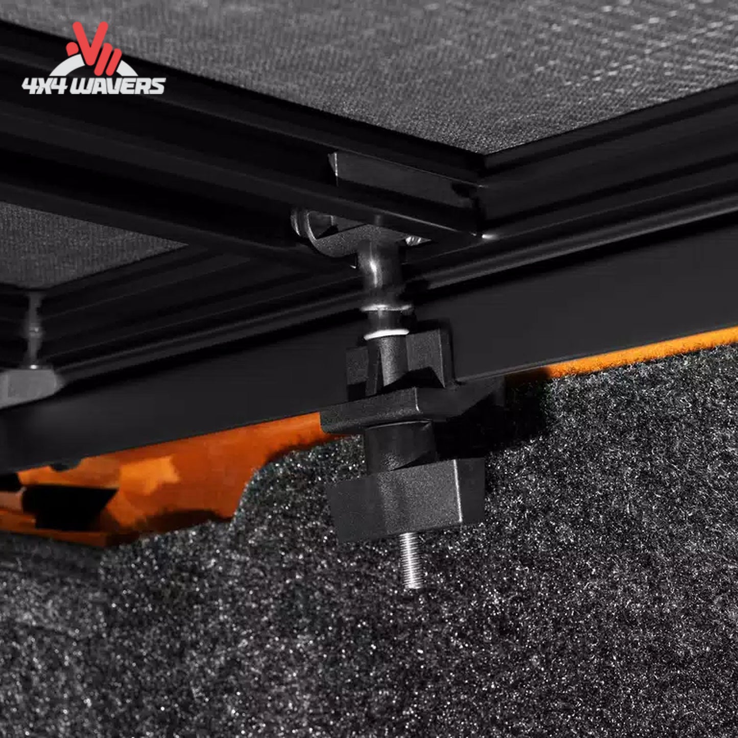 Close-up of Extang Trifecta 2.0 tonneau cover hinge and EZ Lock clamp on a 2015-2020 Ford F-150 6.5ft truck bed.