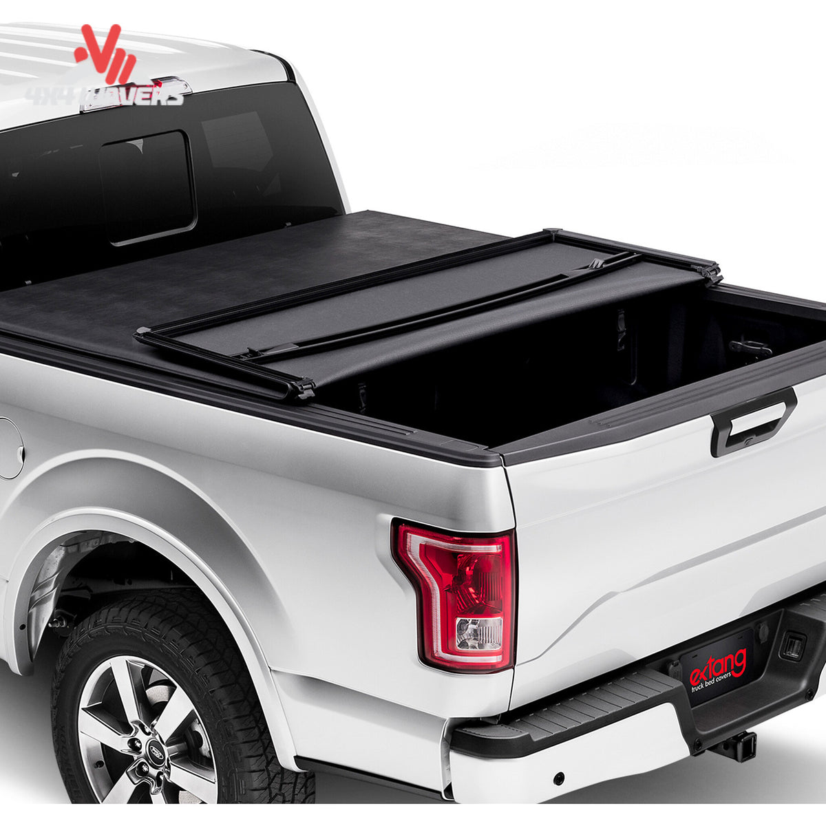 Extang Trifecta 2.0 tonneau cover folded open on a 2009-2014 Ford F-150 with a 6.5-foot bed, showing the secure locking mechanism.
