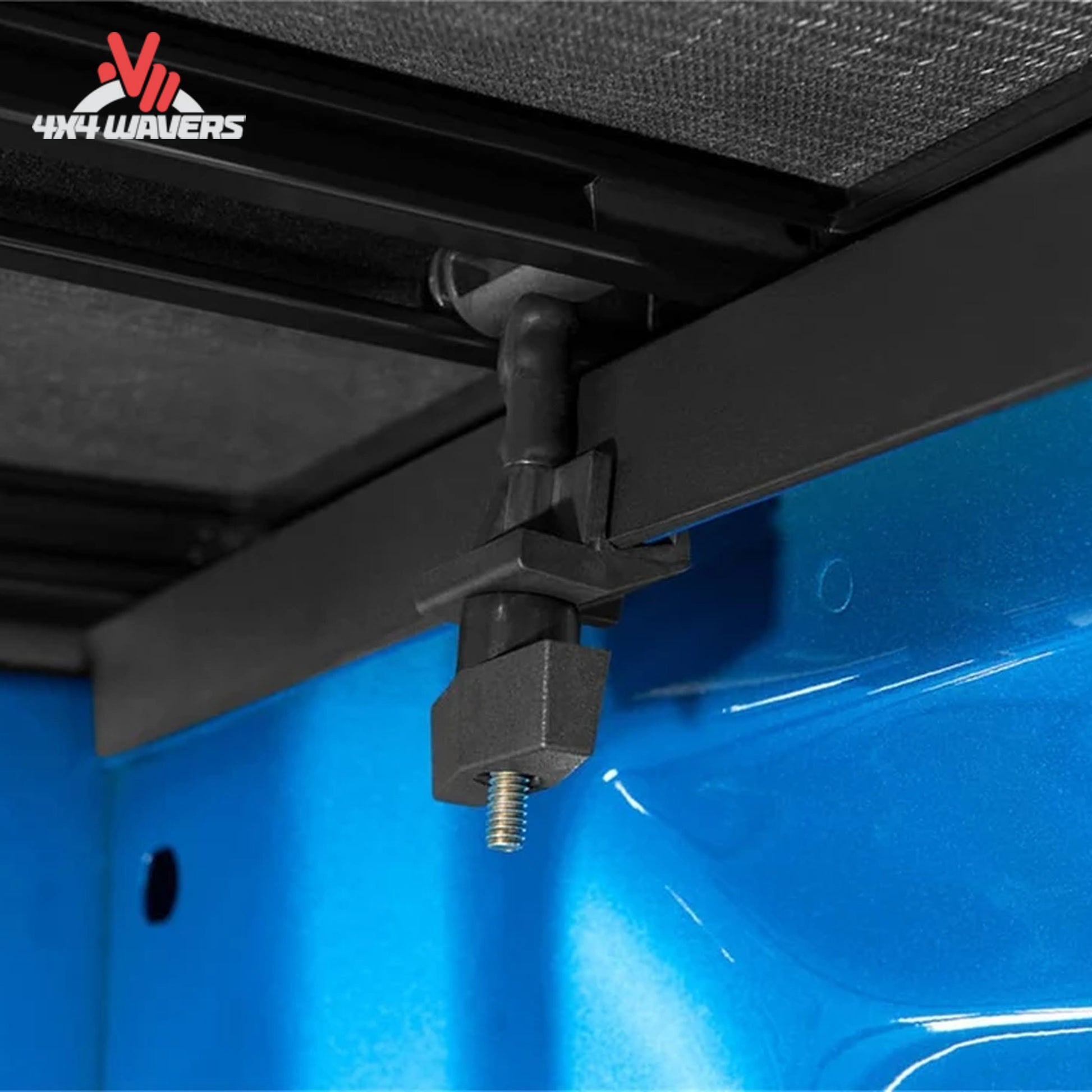 Close-up of Extang Trifecta ALX Tonneau Cover with jaw grip clamp on a 2015-2020 Ford F-150 6.5ft bed.