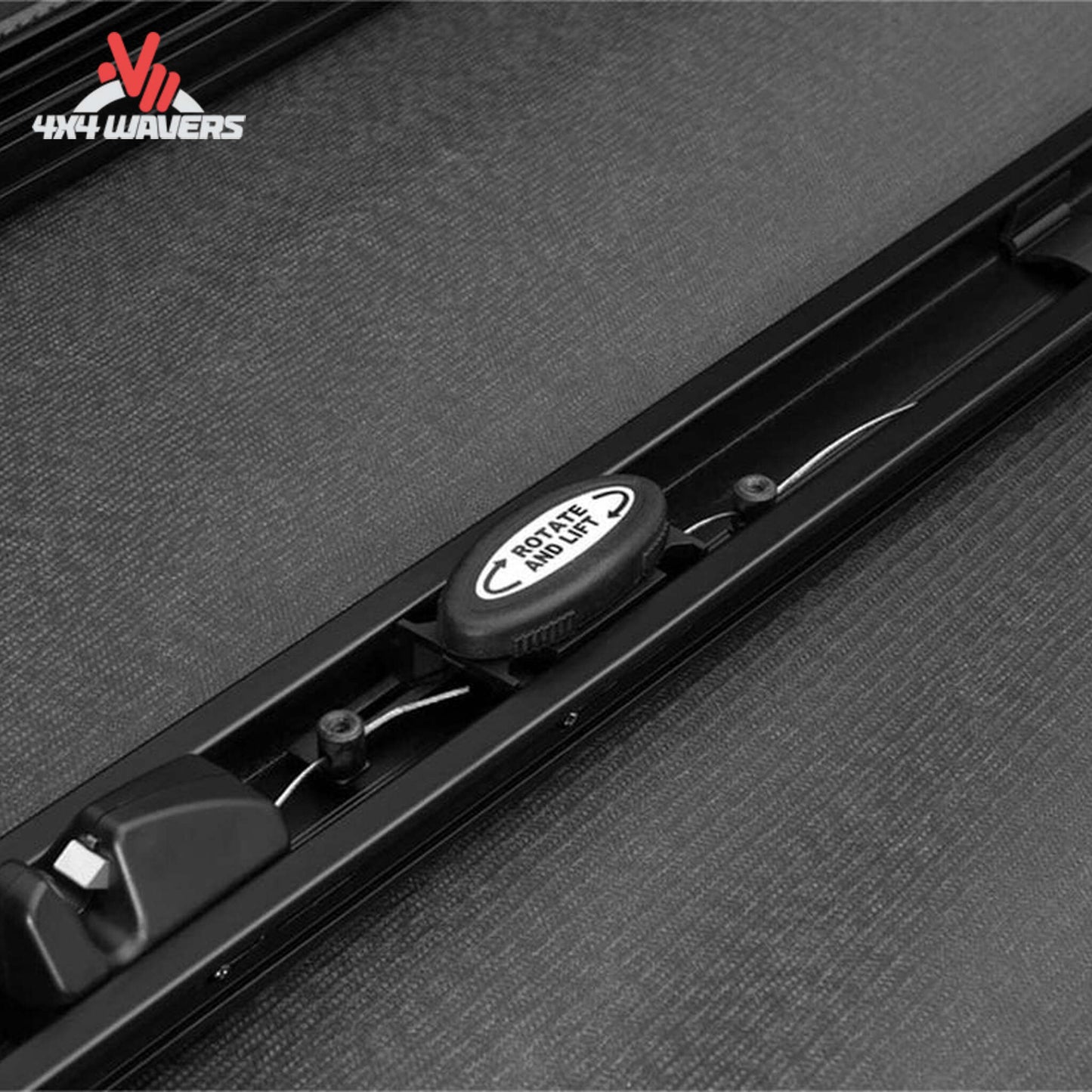 Close-up of Extang Trifecta ALX Tonneau Cover rotary release latch on a 2015-2020 Ford F-150 with a 5.5ft bed