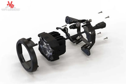 Morimoto 4Banger fog light brackets for 2007-2018 Jeep Wrangler JK, showing sturdy metal mounting hardware for fog and driving lights.