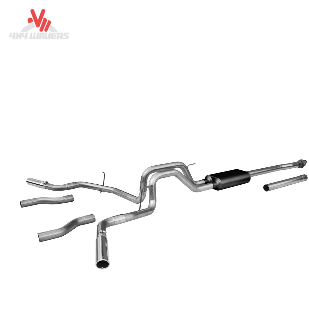 Flowmaster Force II cat-back exhaust system kit installed on a 2009-2014 Ford F-150 4.6L V8, with polished stainless steel pipes and muffler