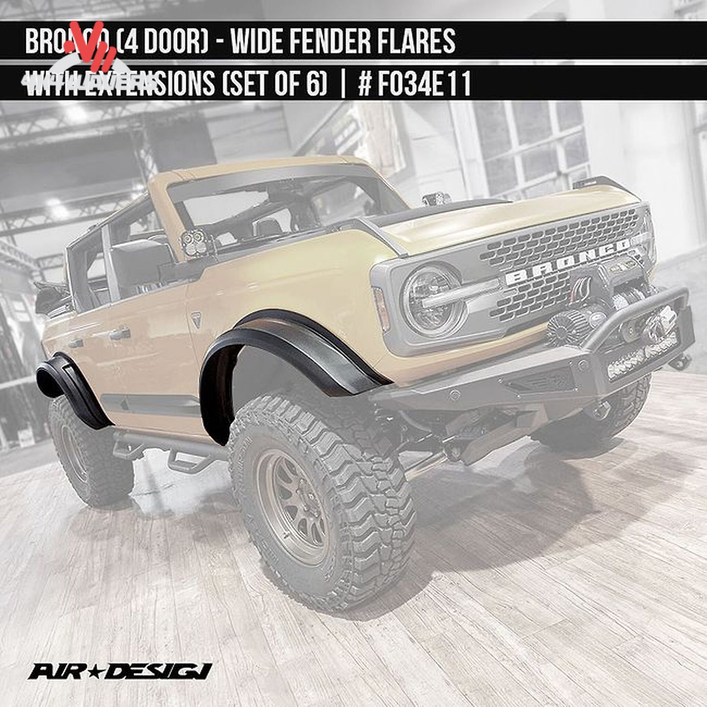 Bronco 4-door showing extended wheel coverage from Air Design wide fender flares