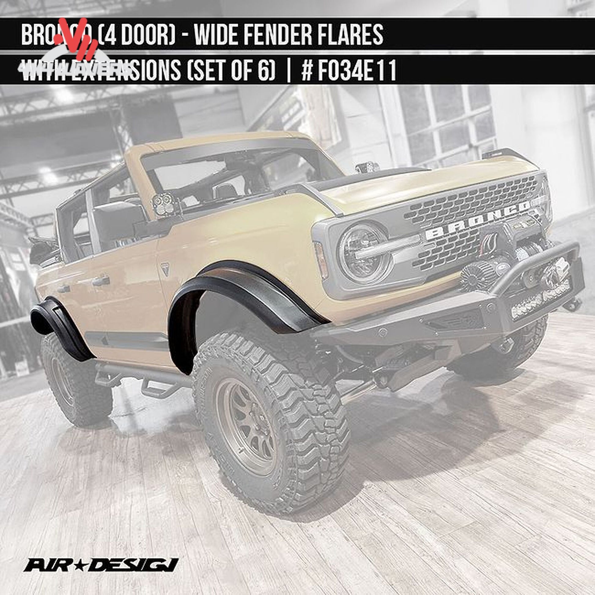 Bronco 4-door showing extended wheel coverage from Air Design wide fender flares