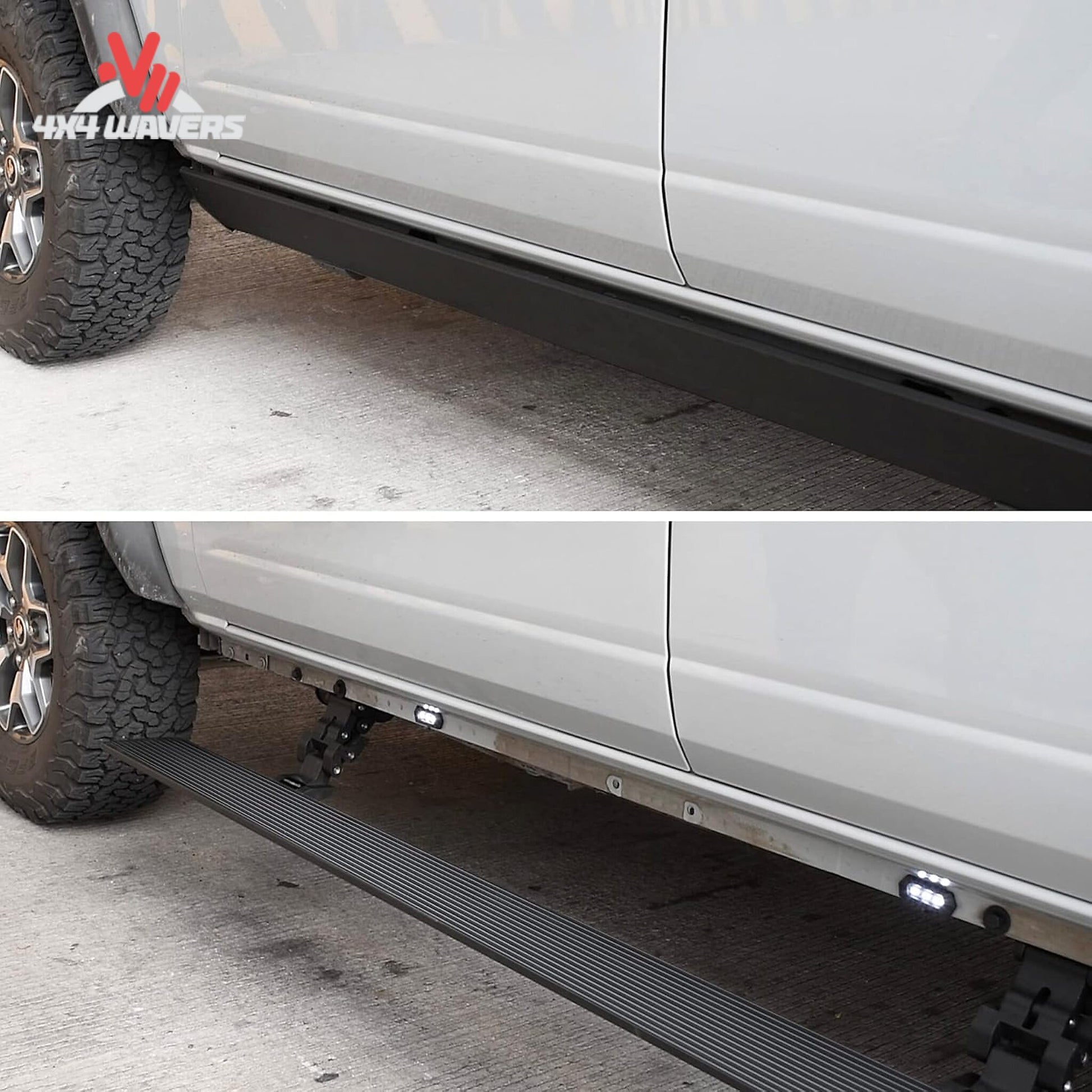 Ford Bronco overland build equipped with retractable Go Rhino E1 electric running boards