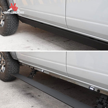Ford Bronco overland build equipped with retractable Go Rhino E1 electric running boards