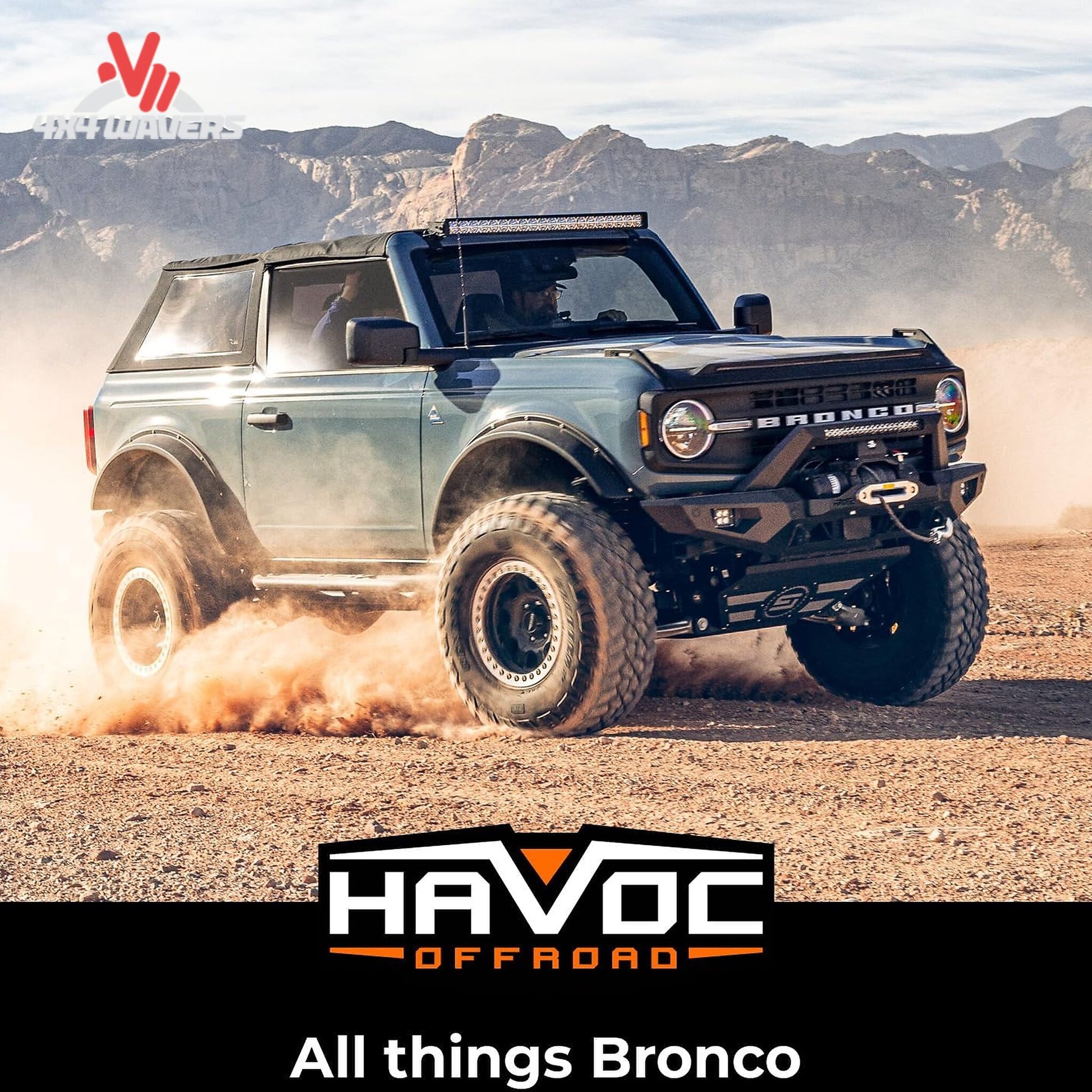 Modified Ford Bronco equipped with Havoc EVOC flares protecting bodywork during trail adventures