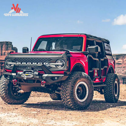 Modified Ford Bronco overland build using Havoc Steel Bender winch-ready bumper for trail protection