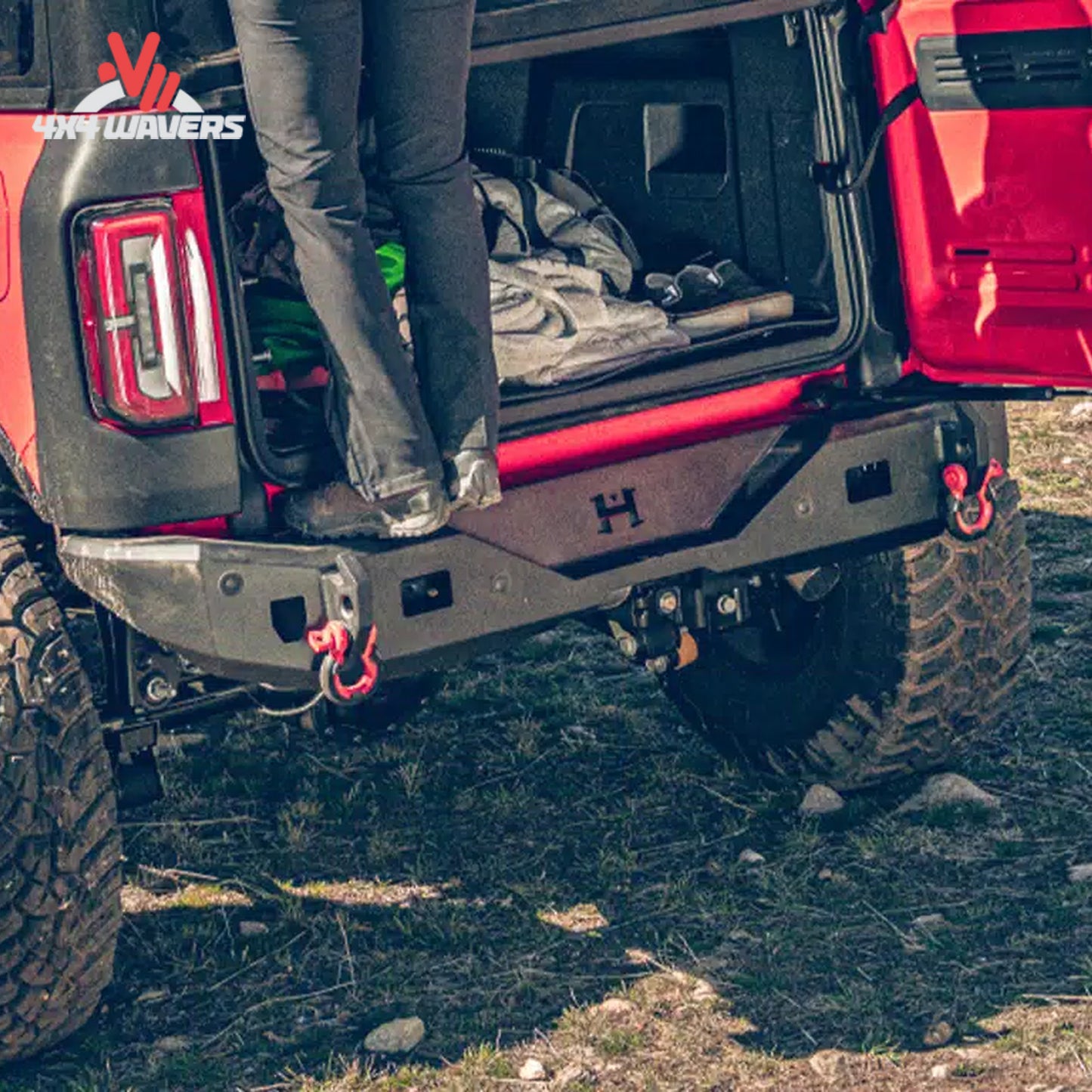 Modified Ford Bronco equipped with Havoc Steel Bender rear armor during an overland adventure