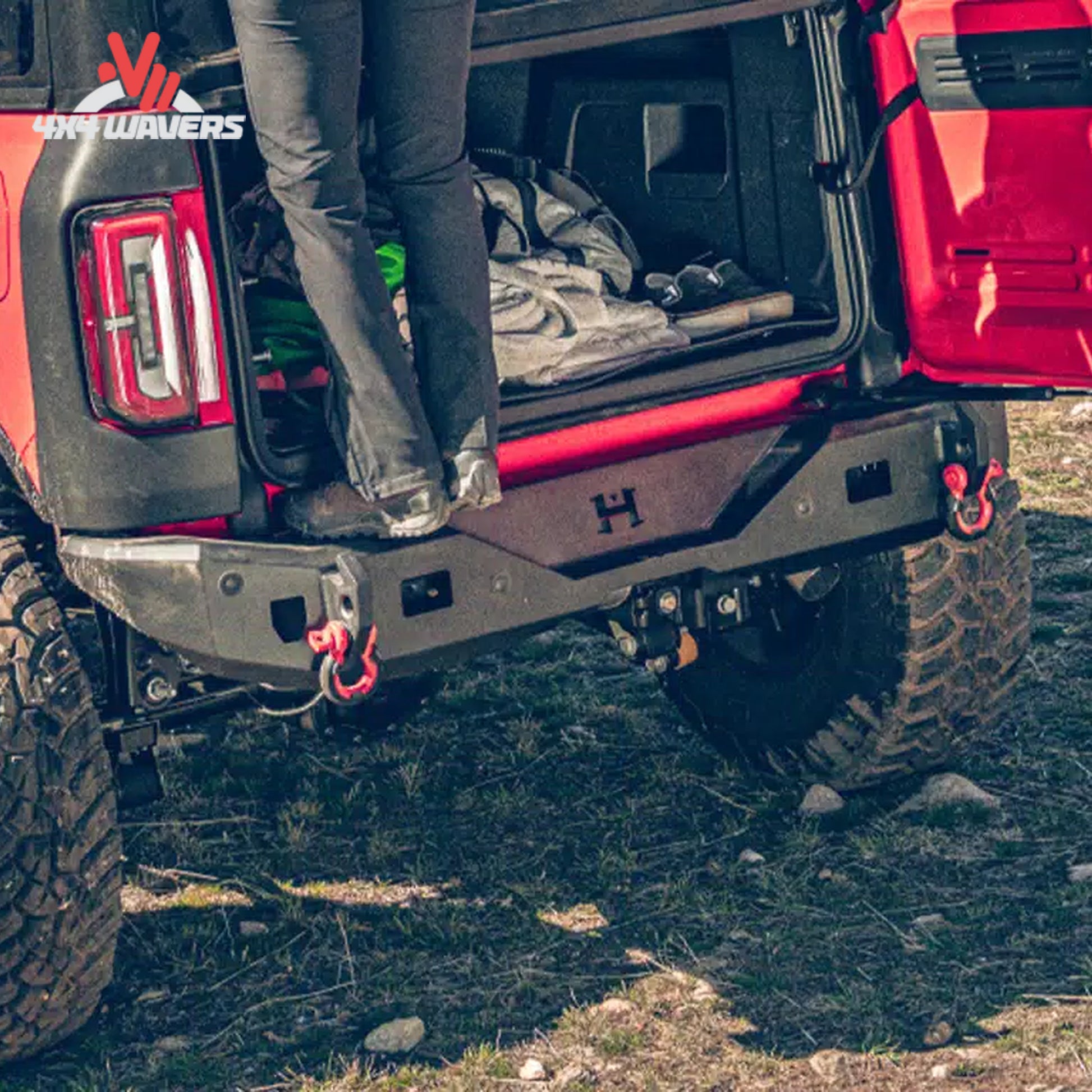 Modified Ford Bronco equipped with Havoc Steel Bender rear armor during an overland adventure
