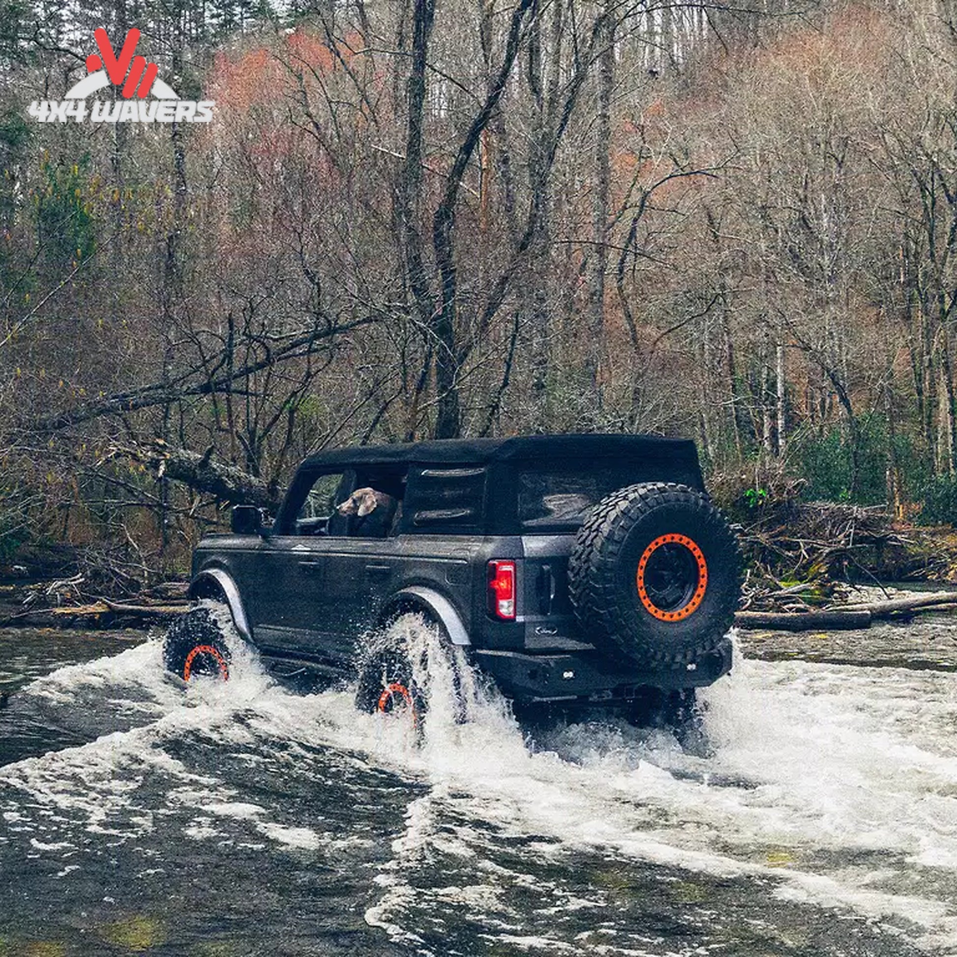 Modified Ford Bronco equipped with Havoc Steel Bender rear armor during an overland adventure