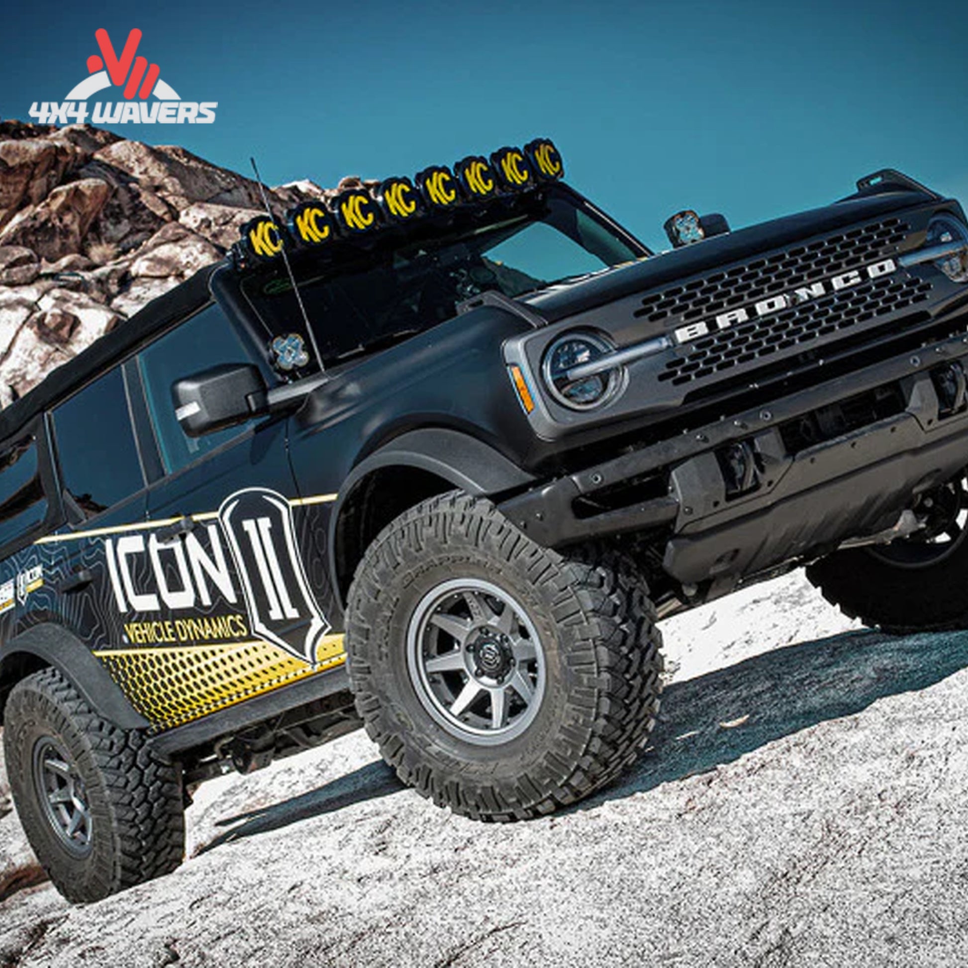 ICON front coilover suspension installed on lifted Ford Bronco