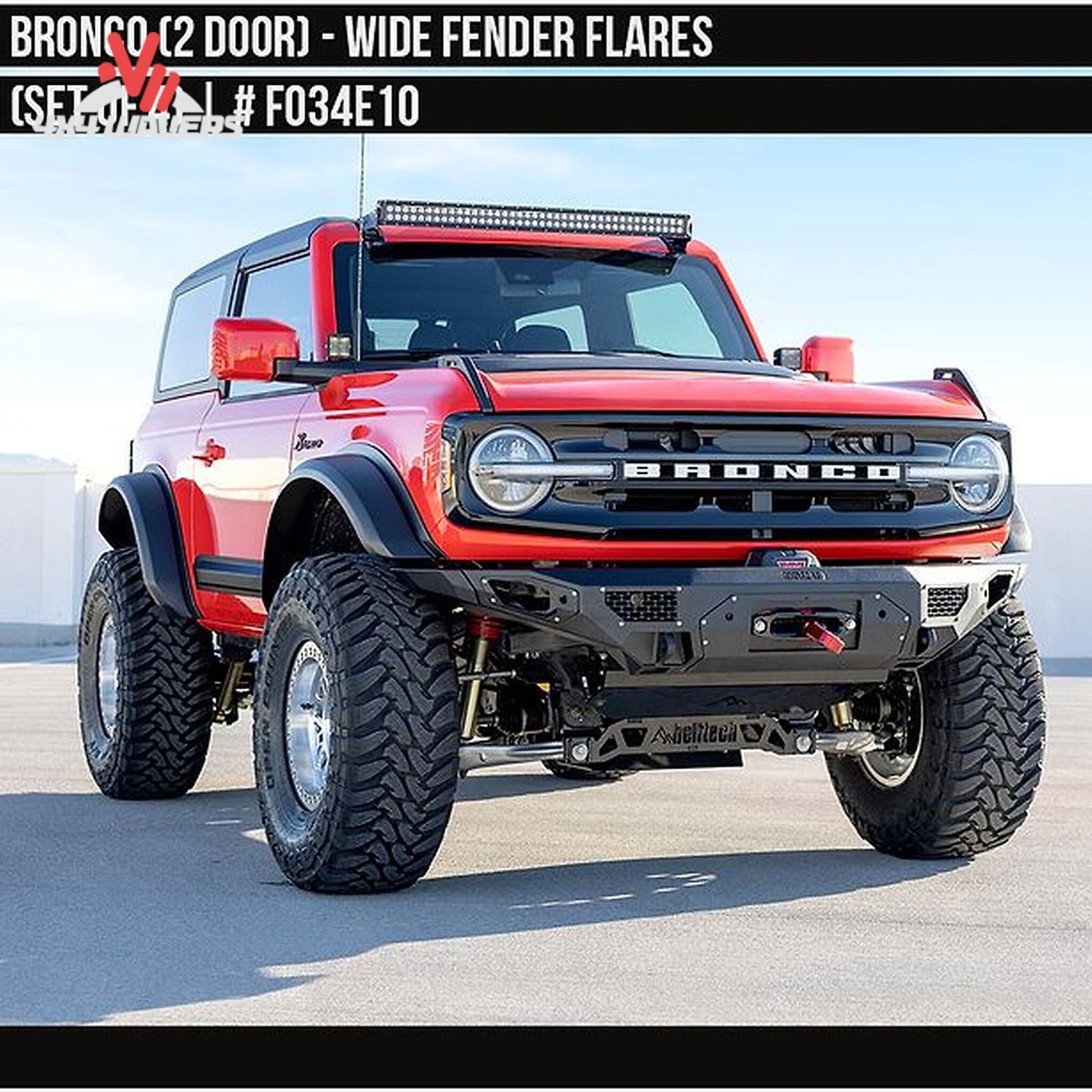Front angled view showing extended wheel coverage from Air Design Bronco fender flares