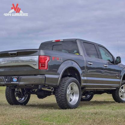 Black Ford F-150 with BDS 6-inch lift kit and NX2 shocks installed, showcasing the lifted 4WD truck in a side view.