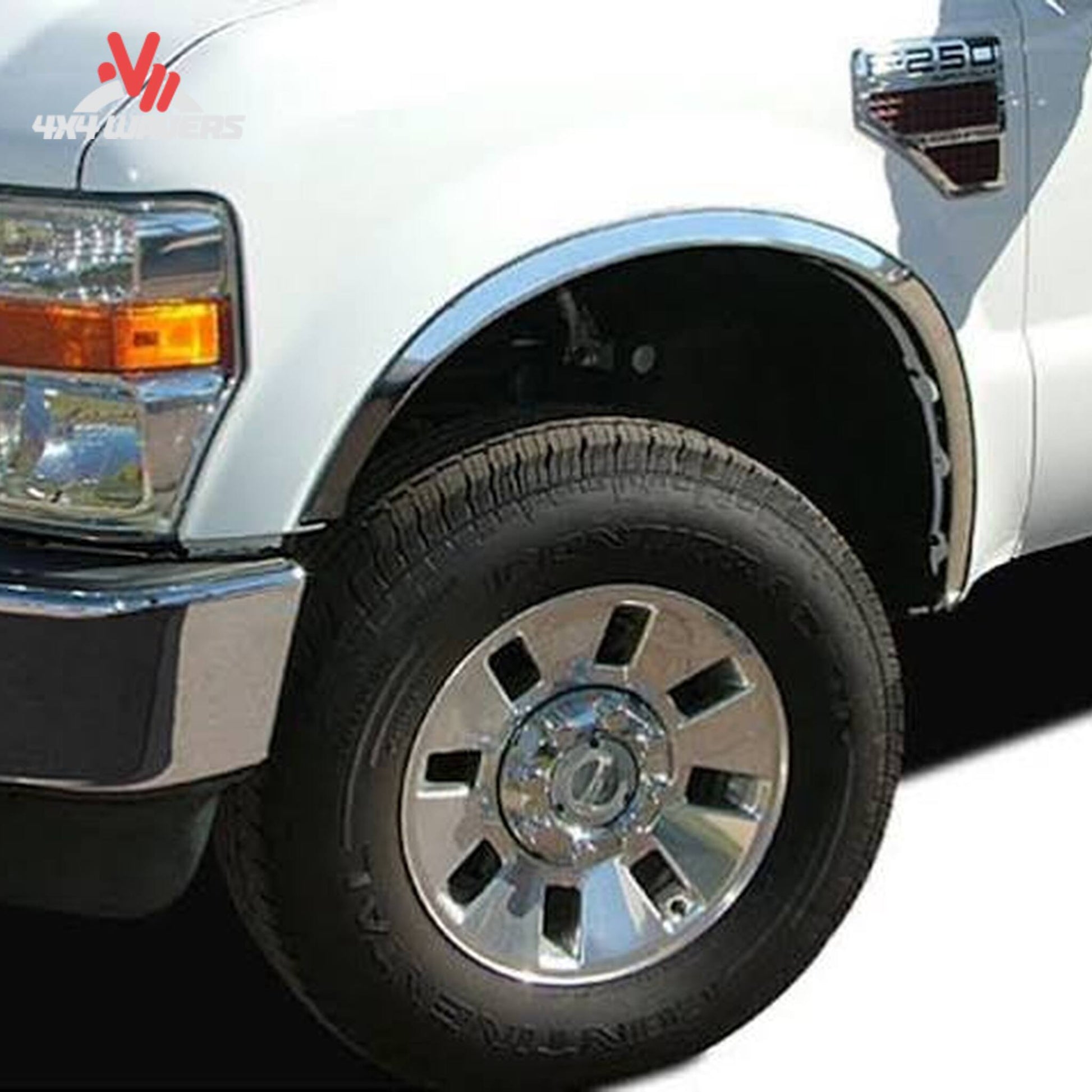 Installed ICI polished stainless steel fender trim for 2004-2014 Ford F-150, four-piece set with sleek, reflective finish on fender flares.