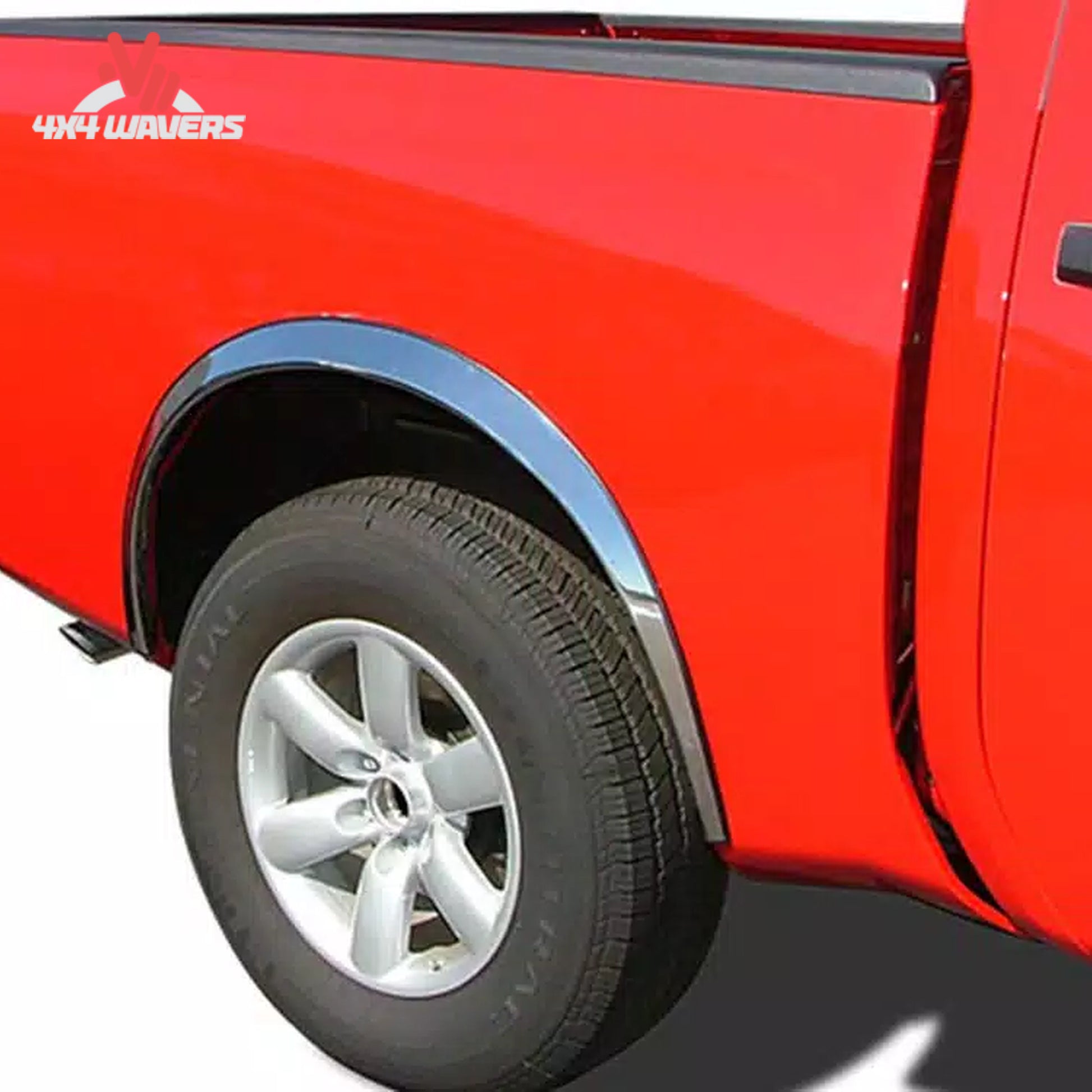 Four-piece set of ICI polished stainless steel fender trim installed on a 2004-2014 Ford F-150 truck, enhancing wheel arches.