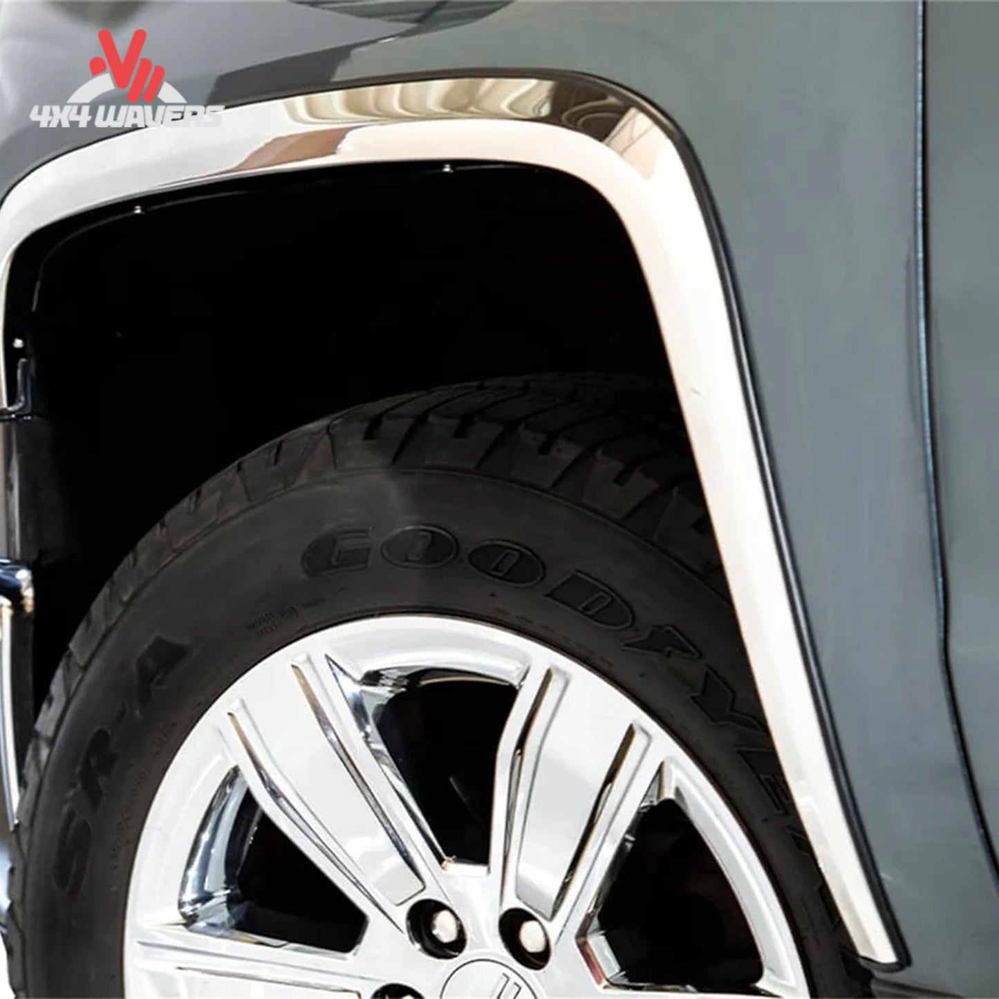 Installed ICI polished stainless steel fender trim on a Ford F-150, showcasing a 4-piece set of fender flares.