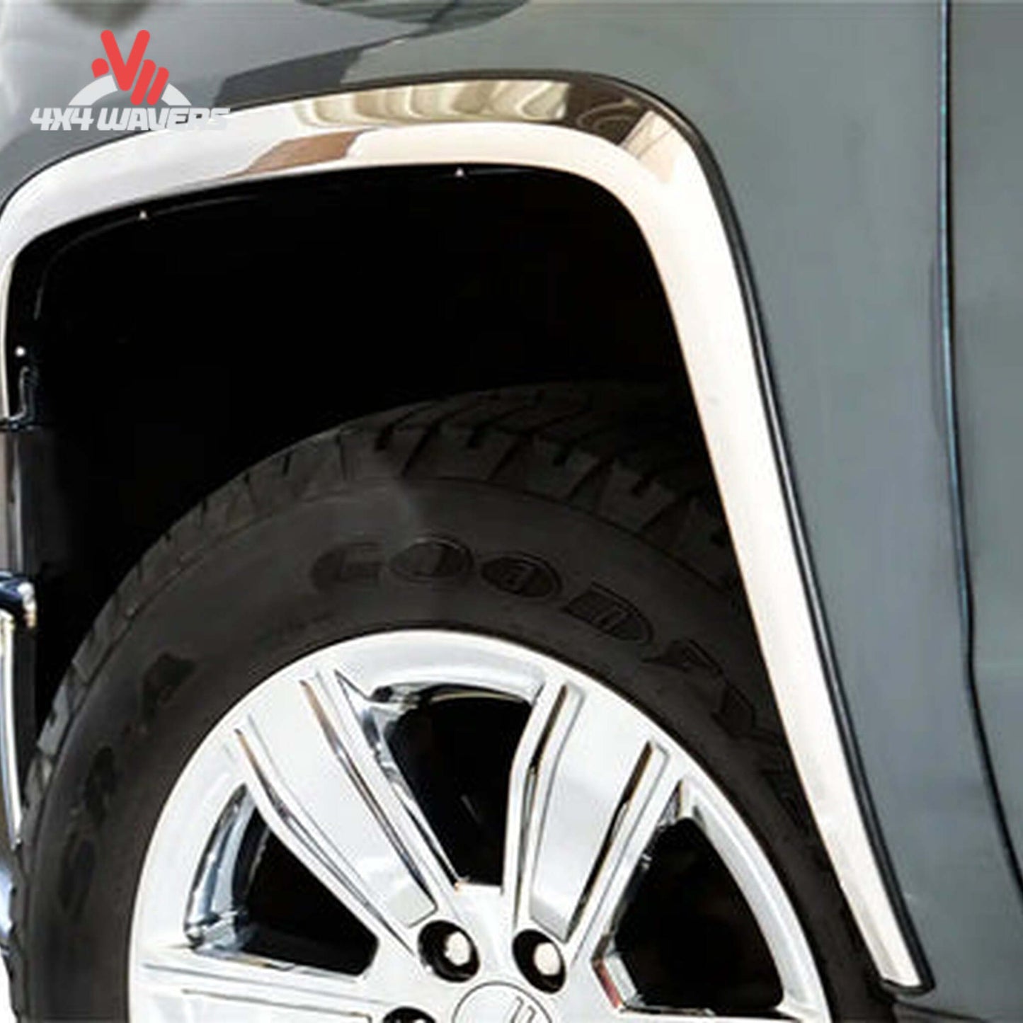 Polished stainless steel ICI fender trim installed on a 2004-2014 Ford F-150, four-piece set for enhanced truck appearance.