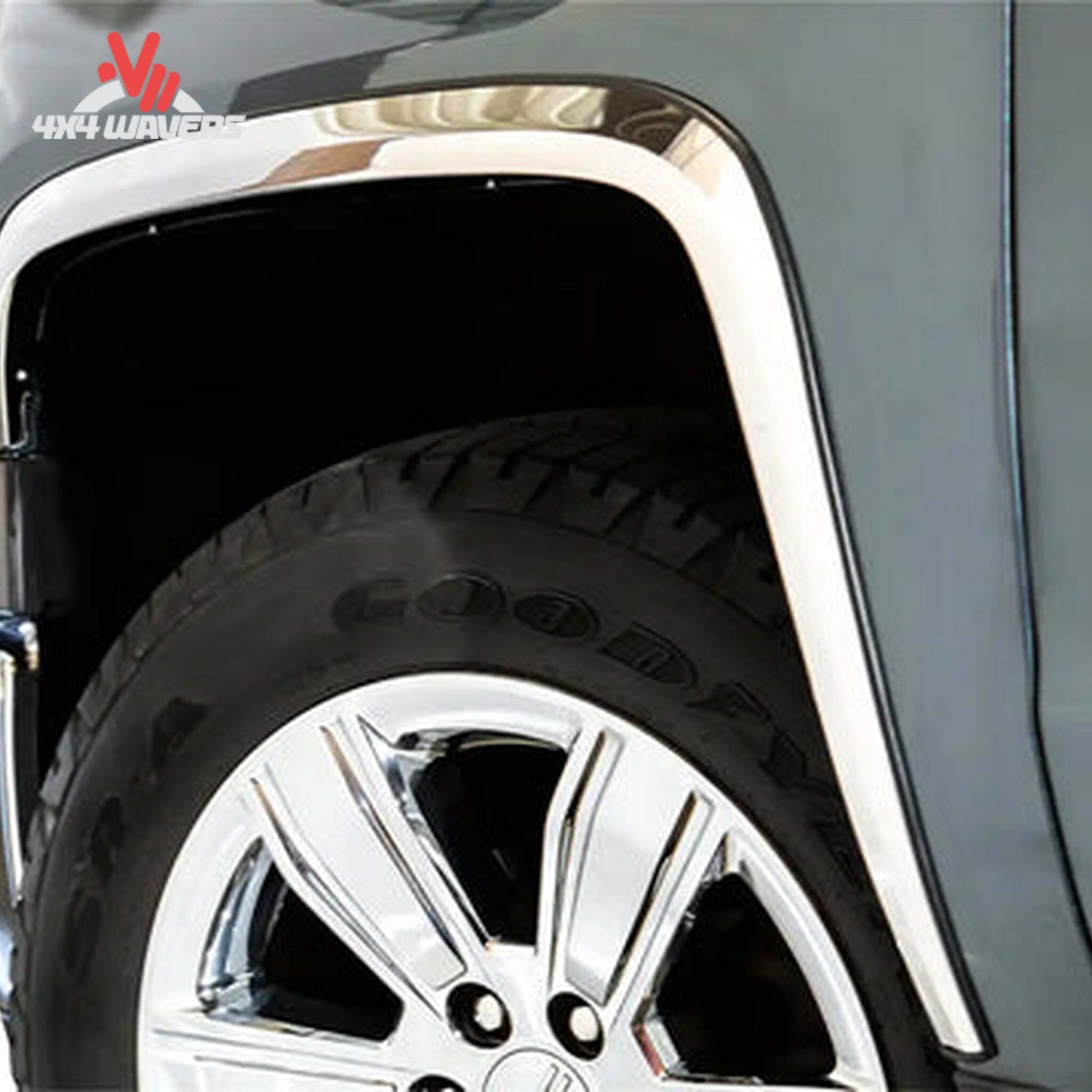 Polished stainless steel ICI fender trim installed on a 2004-2014 Ford F-150, four-piece set for enhanced truck appearance.