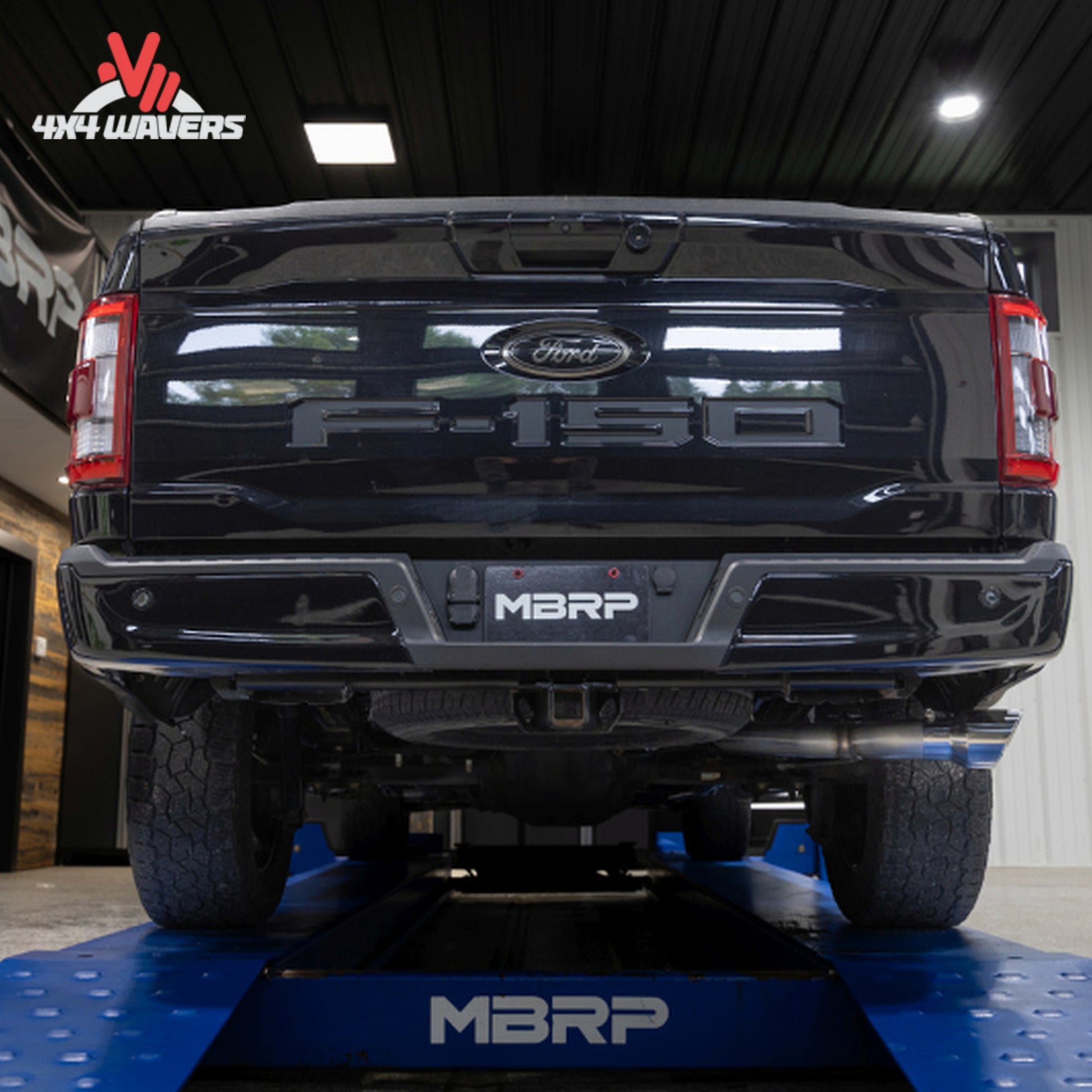 Ford F-150 with MBRP Armor Pro 3-inch cat-back exhaust system and polished dual side tips installed.
