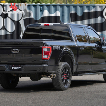 Ford F-150 with MBRP Armor Pro 3-Inch Cat-Back Exhaust system featuring polished dual side tips installed on the truck.