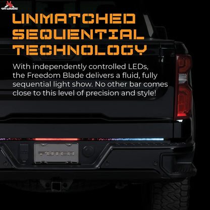 Putco Freedom Blade LED tailgate light bar on white 2005-2026 Tacoma and Gladiator, showing reverse light output.