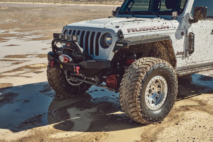 Front fender flares for 2018-2026 Jeep Wrangler JL and Gladiator JT by 4X4 Wavers, showing the wide, durable design on a vehicle.