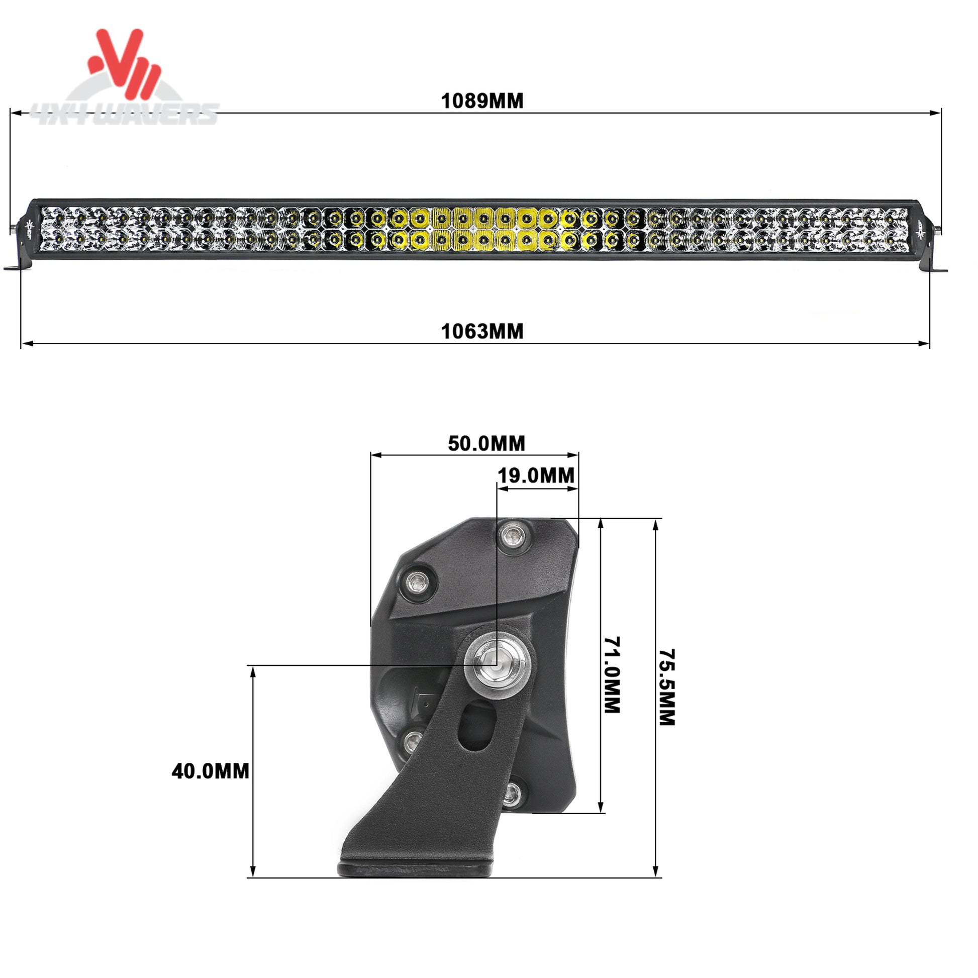 Side profile of Go Performance L3 40-inch dual row LED light bar with SAE combo beam for off-road and off-road lighting.