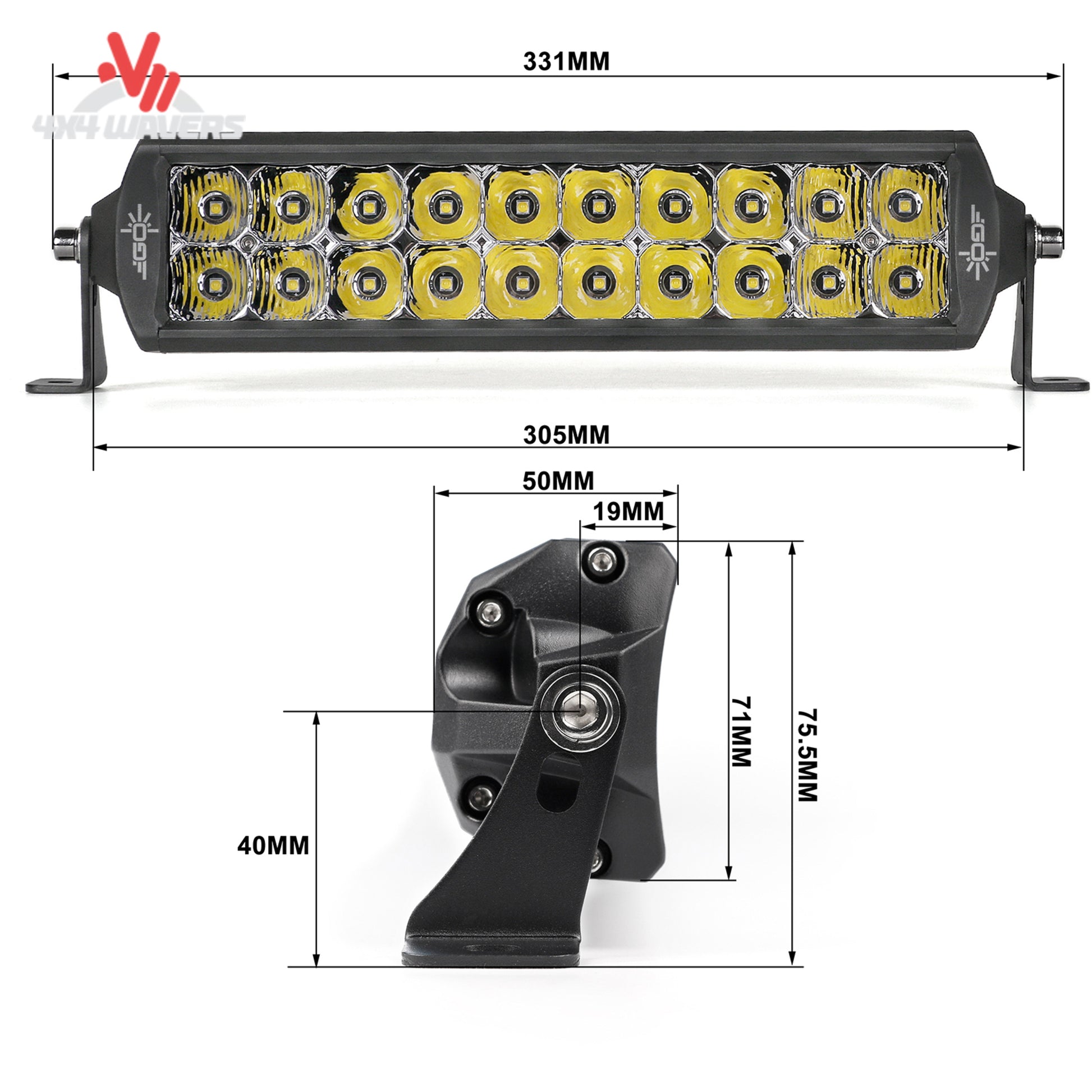 Perfil lateral de la barra de luces LED Go Performance L3 de 50 pulgadas, doble hilera, con haz combinado SAE, diseñada para uso todoterreno y al aire libre.