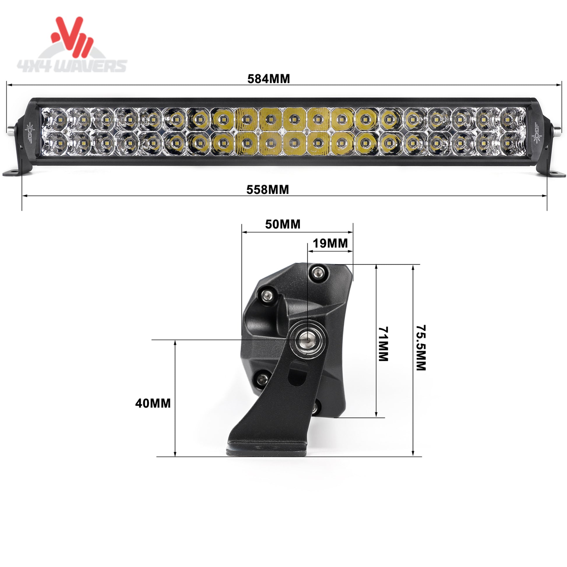 Vista lateral de la barra de luces LED Go Performance L6 de 20 pulgadas, doble fila, con combinación de foco puntual y amplio para iluminación todoterreno.