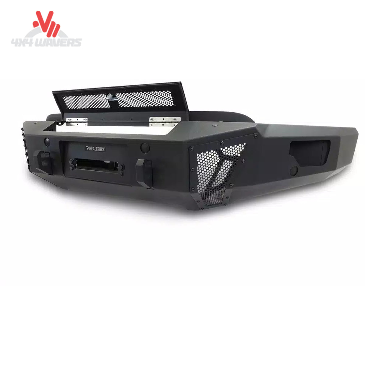 Go Rhino BR6 winch-ready front bumper for 2018-2020 Ford F-150, featuring hinged winch cover and access hatch.