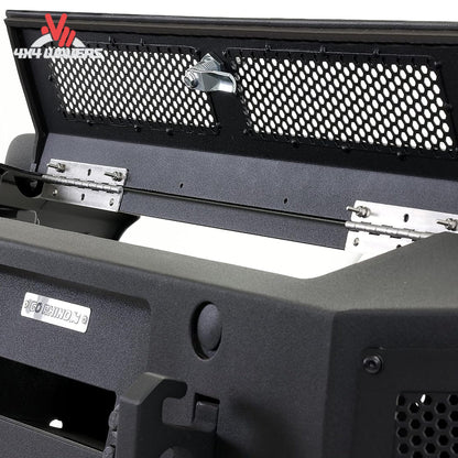 Go Rhino BR6 winch-ready front bumper replacement with hinged winch cover for 2021-2023 Ford F-150 trucks.