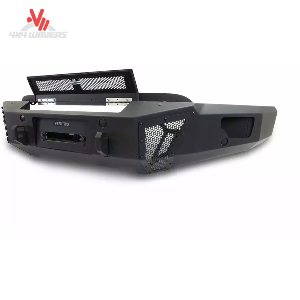 Go Rhino BR6 winch-ready front bumper replacement with hinged winch cover and access hatch for 2021-2023 Ford F-150 truck.