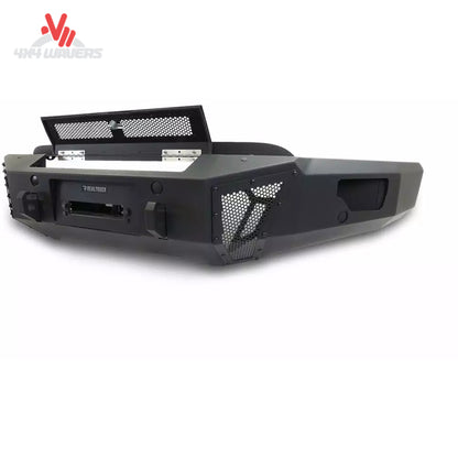 Go Rhino BR6 winch-ready front bumper replacement with hinged winch cover and access hatch for 2021-2023 Ford F-150 truck.