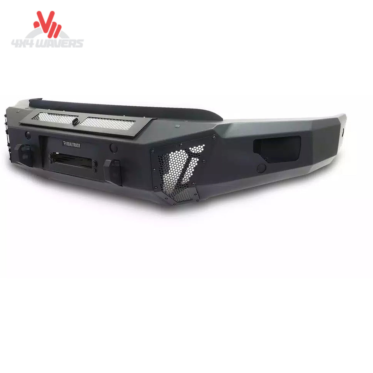 Go Rhino BR6 winch-ready front bumper with integrated light ports and mesh plates on a 2021-2023 Ford F-150.