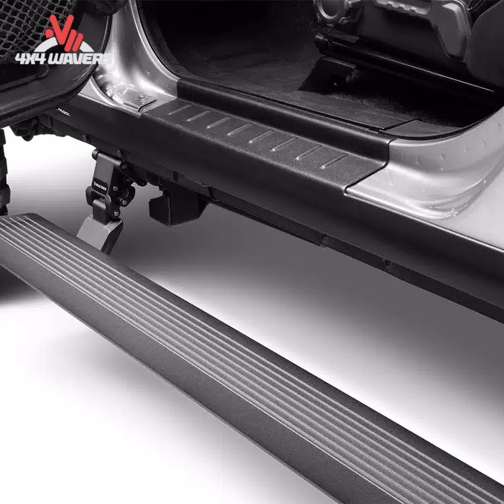 Tablas estriberas eléctricas Go Rhino E1 con superficie antideslizante para Jeep Wrangler JL de 4 puertas 2018–2025, mostrando la superficie texturizada del escalón.