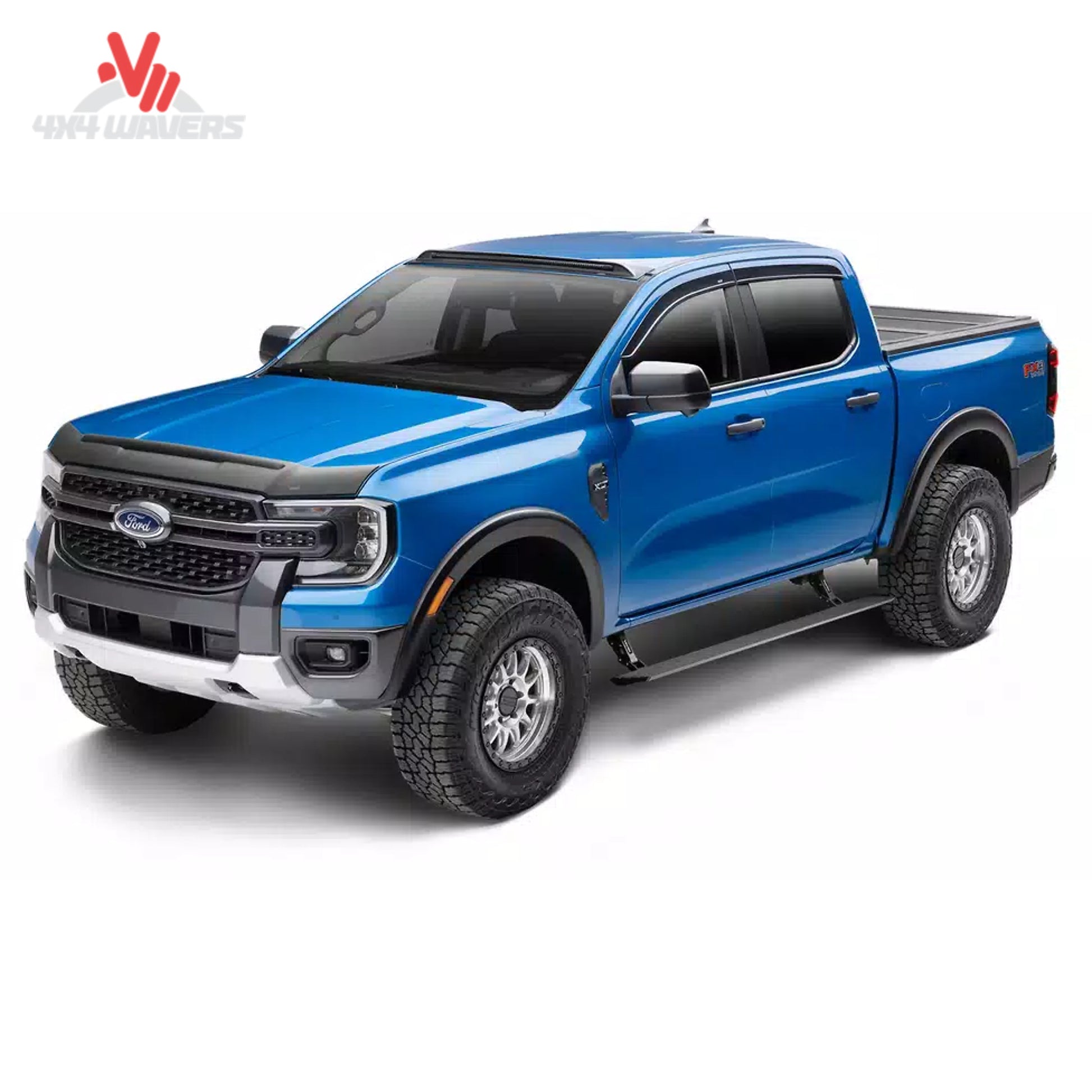 Go Rhino E1 electric power running boards installed on a 2015-2026 Ford F-150 crew cab truck, showing the sleek step design