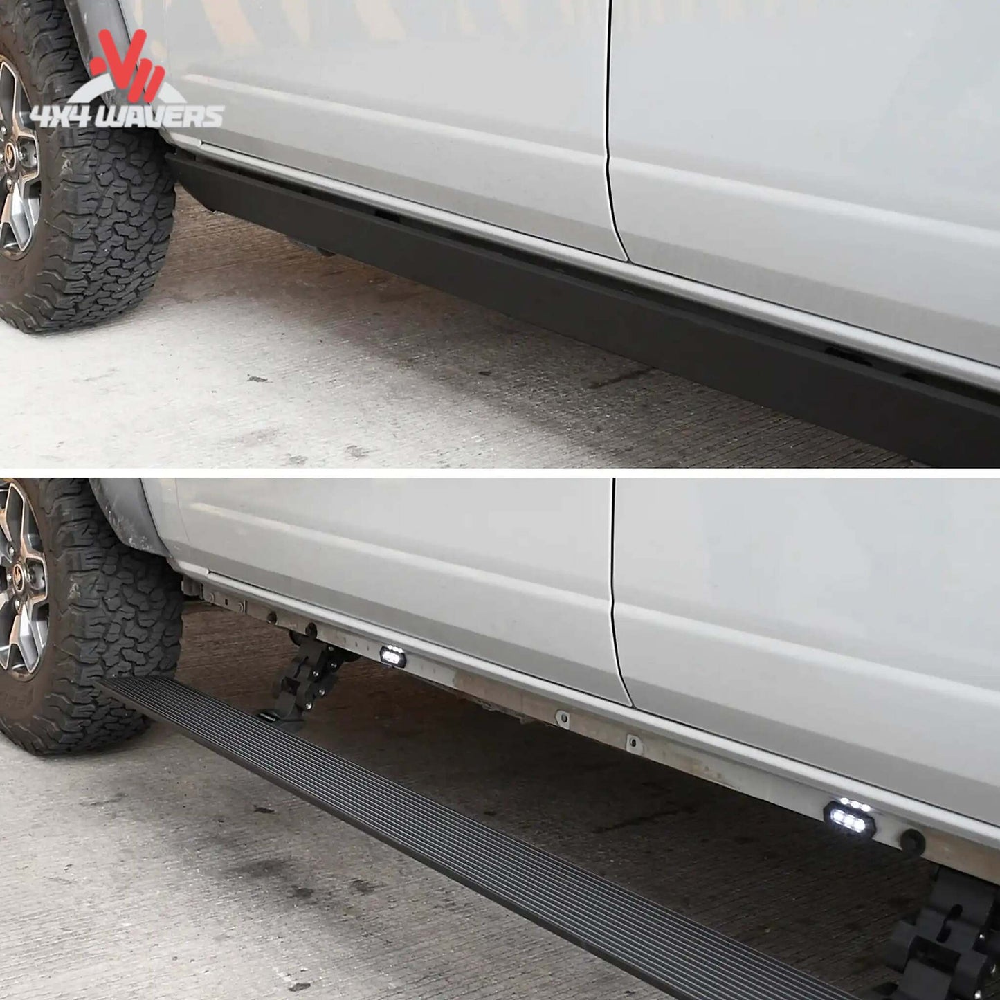 Go Rhino E1 Electric Power Running Boards installed on a 2015-2026 Ford F-150 and Super Duty Crew Cab pickup truck.