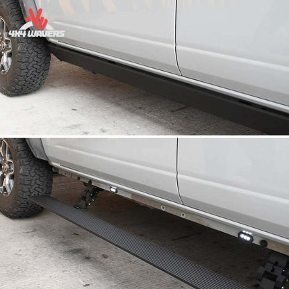 Go Rhino E1 Electric Power Running Boards installed on a 2015-2026 Ford F-150 and Super Duty Crew Cab pickup truck.
