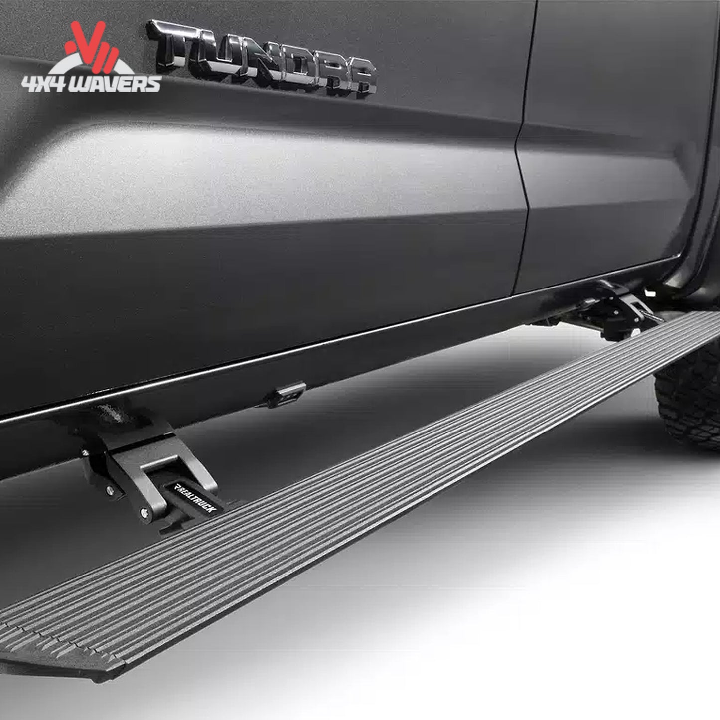 Go Rhino E1 electric power running boards installed on a 2015-2026 Ford F-150 and Super Duty Crew Cab truck, showing step features.