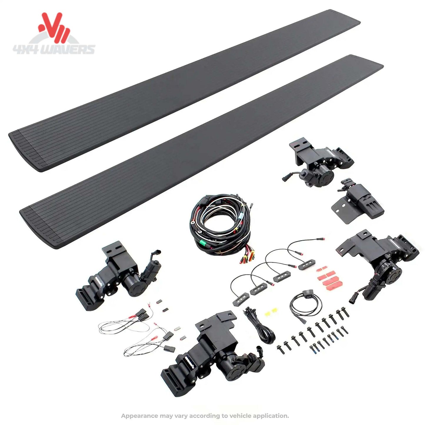 Go Rhino E1 electric power running boards on a 2015-2026 Ford F-150 and Super Duty Crew Cab truck, showing the step design.