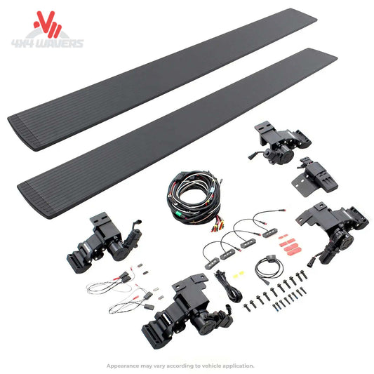 Go Rhino E1 electric power running boards on a 2015-2026 Ford F-150 and Super Duty Crew Cab truck, showing the step design.
