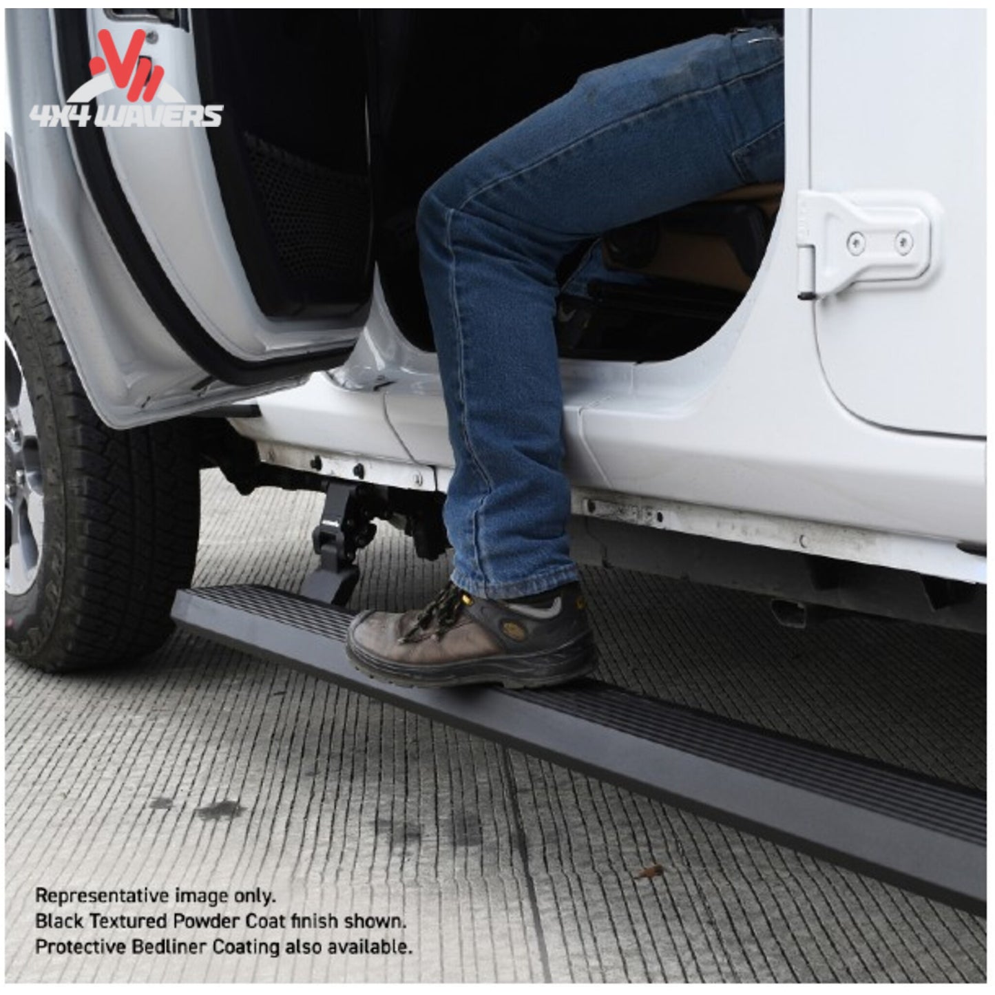 Automatic deploying Go Rhino E1 power steps installed on a 2-door Ford Bronco with LED lighting