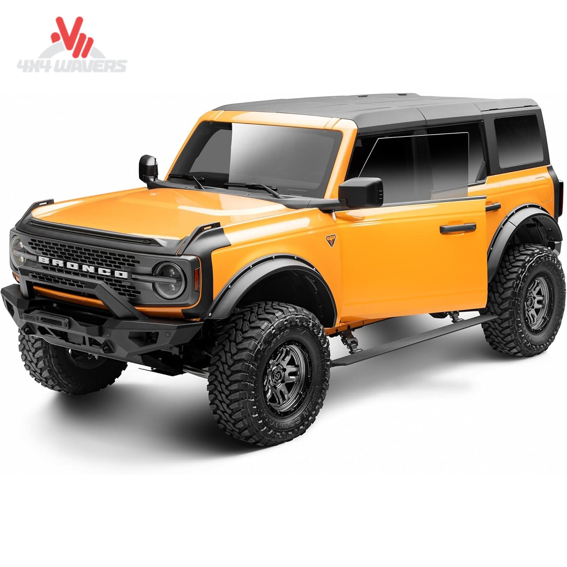 Automatic deploying Go Rhino E1 power steps installed on a Ford Bronco 4-door with integrated LED lighting