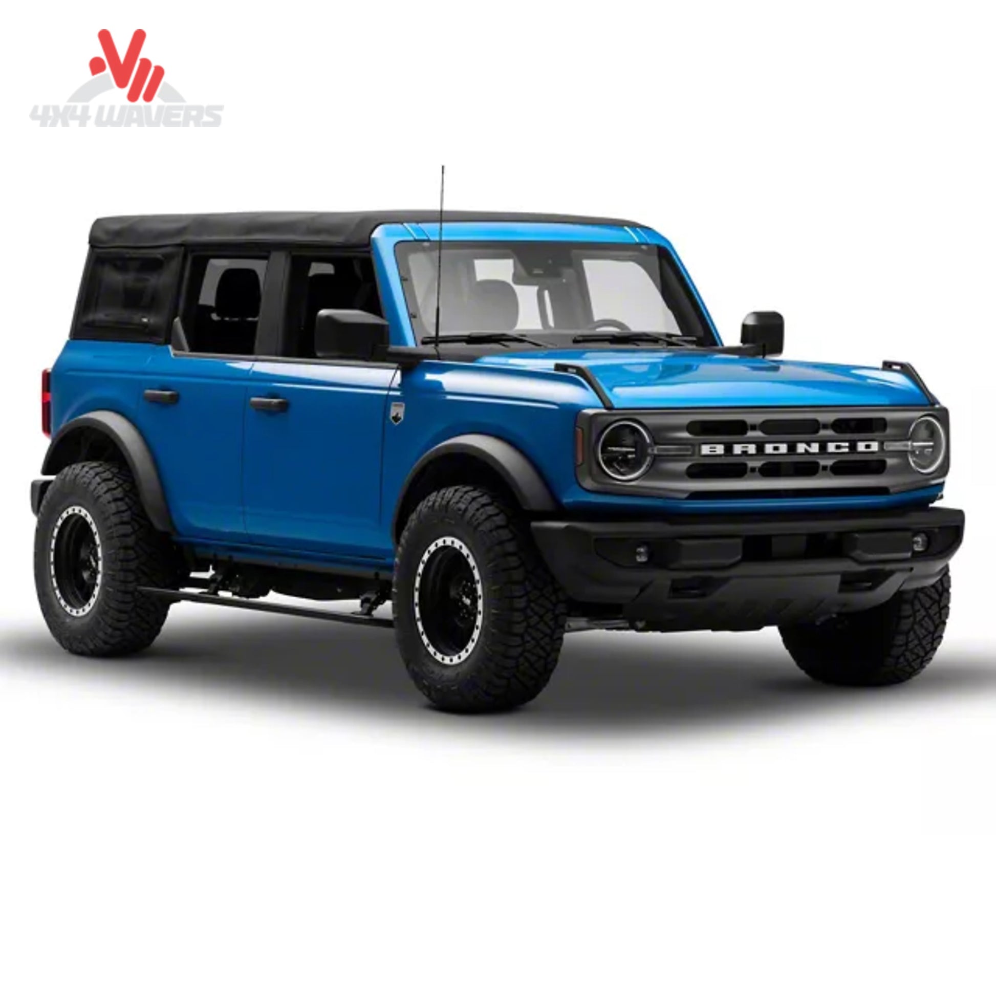 Automatic deploying Go Rhino E1 power steps installed on a Ford Bronco 4-door with integrated LED lighting