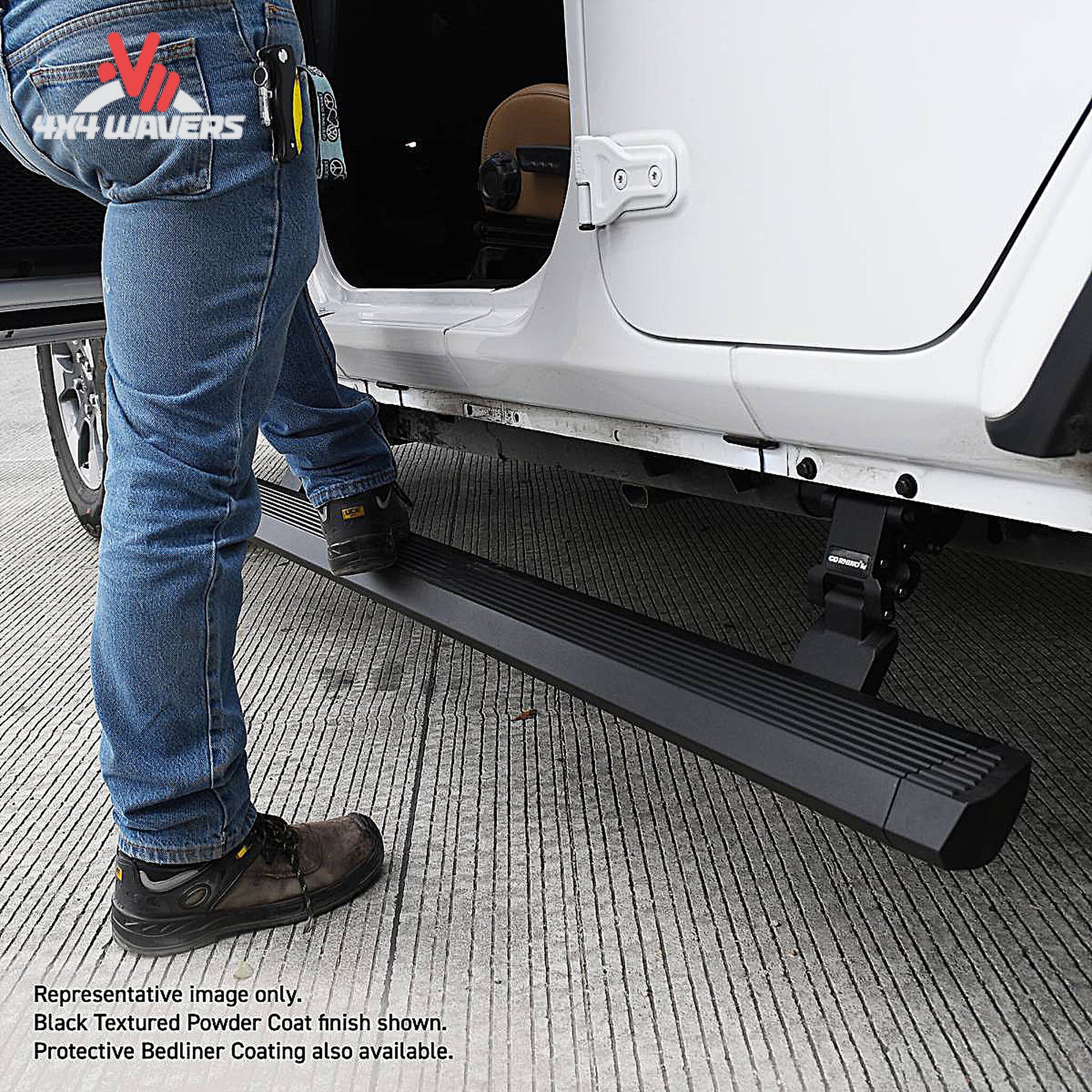 Go Rhino E1 estribos eléctricos instalados en un Jeep Wrangler JL de 2 puertas 2018-2024, estribo automático para facilitar el acceso al vehículo